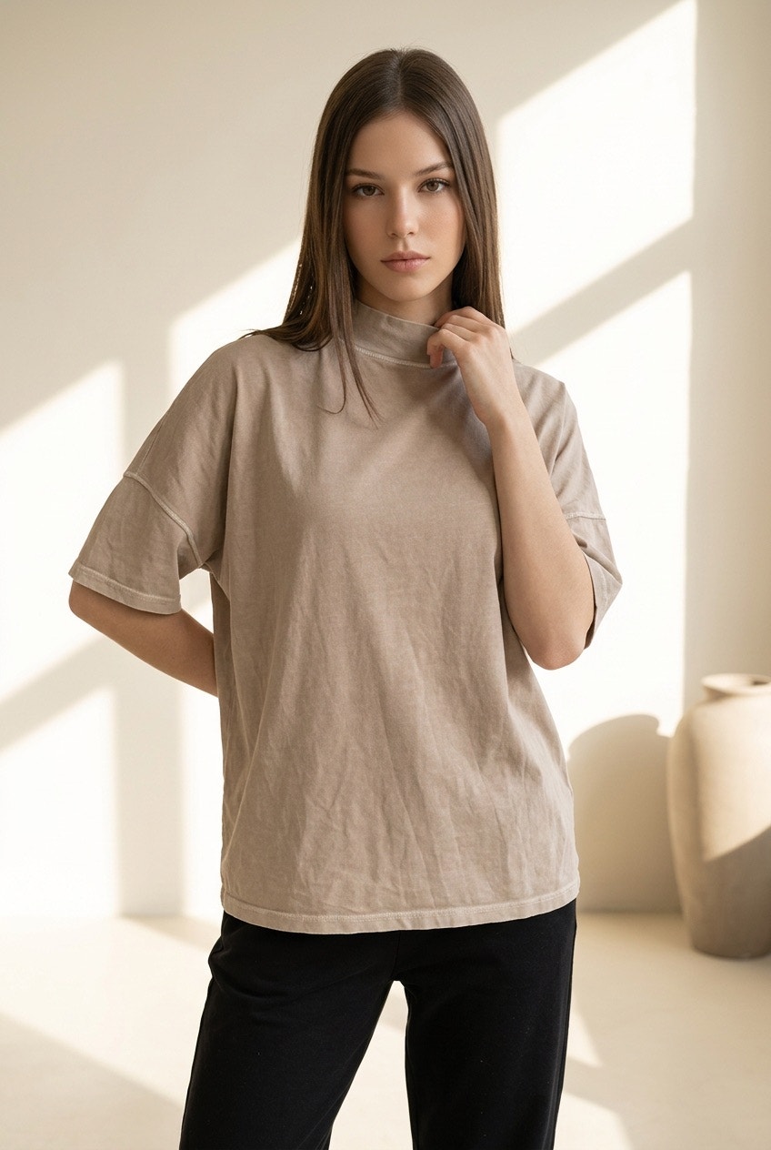 We The Free Free People Mock Neck Oversized Boxy Cotton Tee Beige Size Small